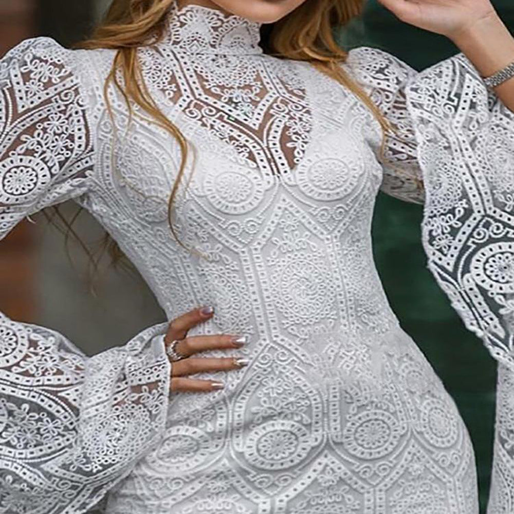 White Lace Trumpet Sleeves Women Party Dresses
