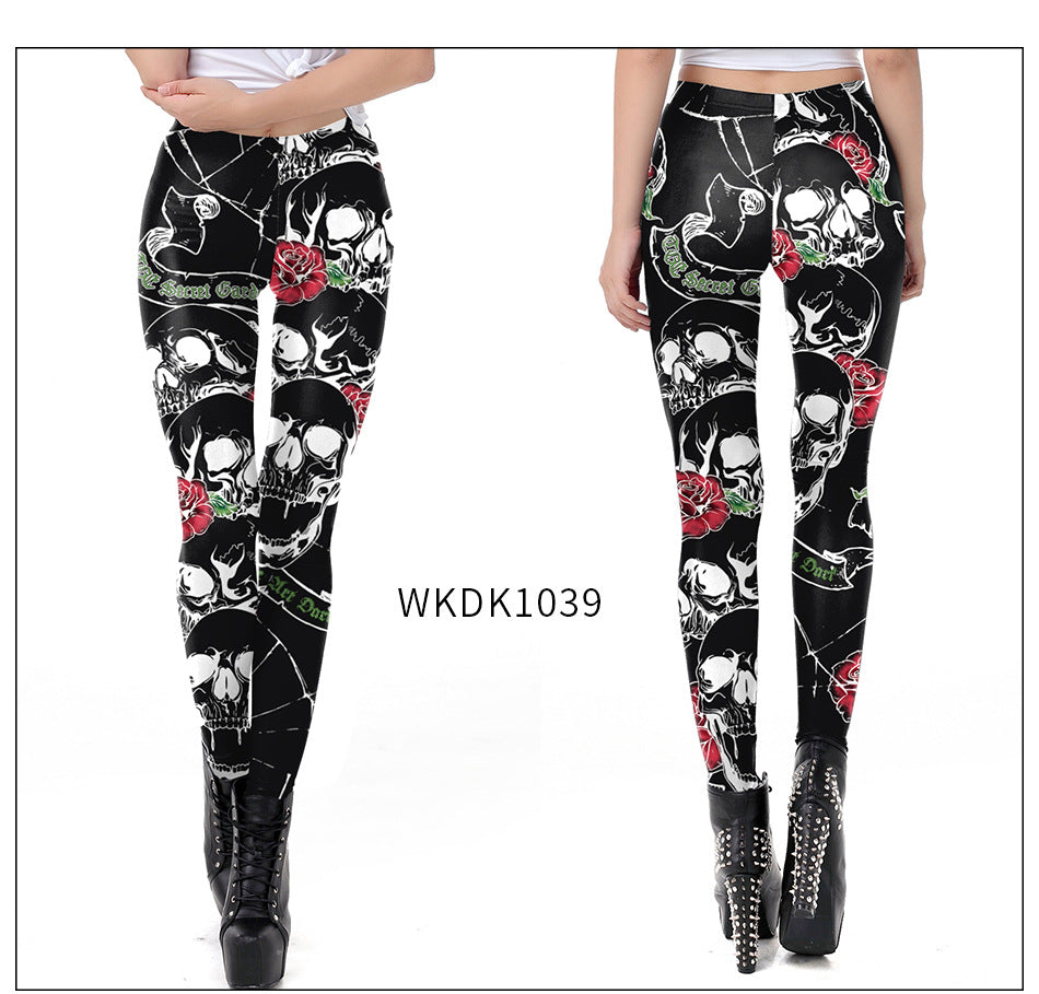 Halloween Pumpkin/Human Skeleton Print Elastic Leggings