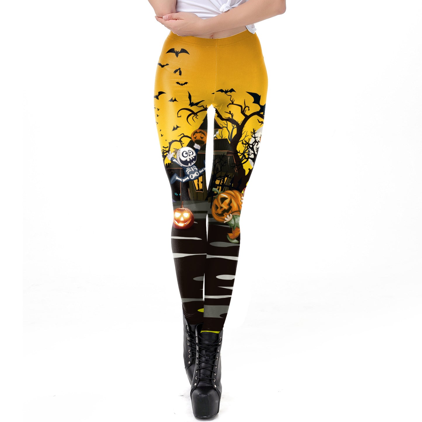 Halloween Pumpkin/Human Skeleton Print Elastic Leggings