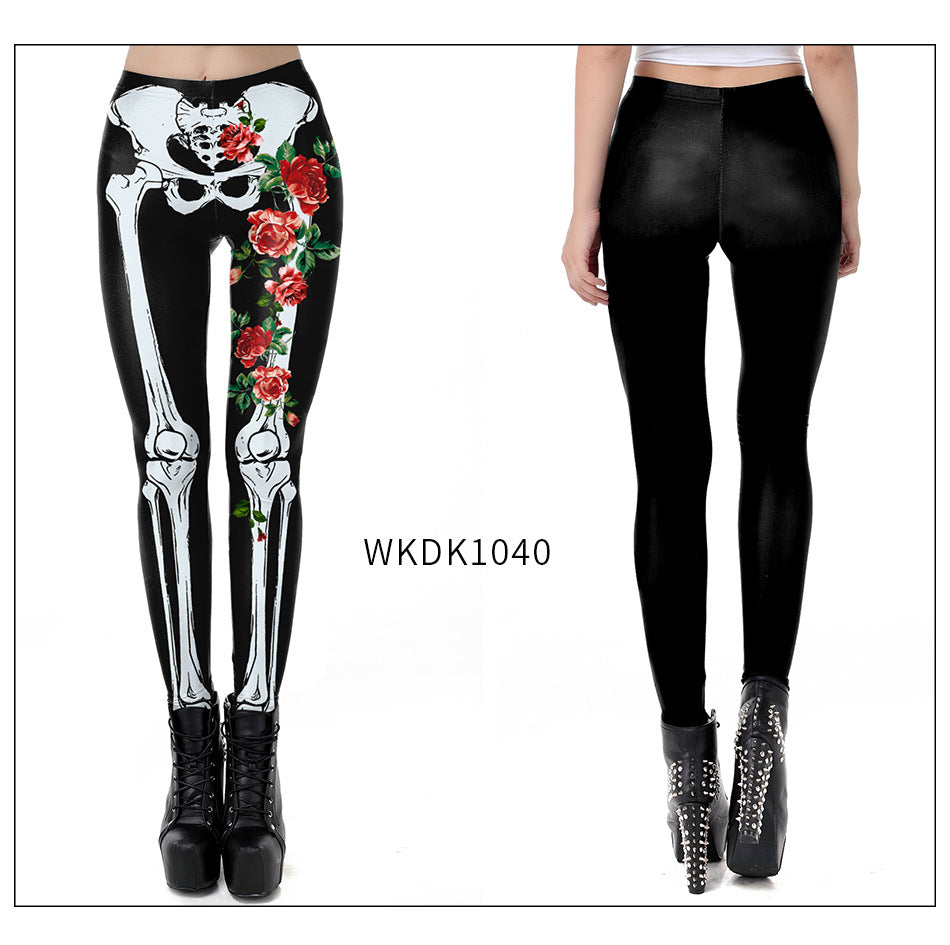 Halloween Pumpkin/Human Skeleton Print Elastic Leggings