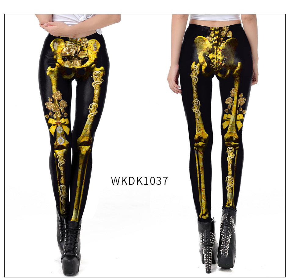 Halloween Pumpkin/Human Skeleton Print Elastic Leggings