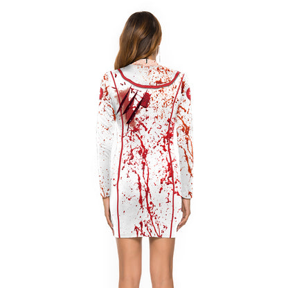 Halloween Nurse Zombie Long Sleeves Dresses Costume