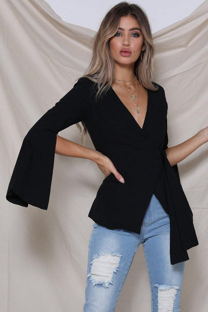 Women V Neck Long Sleeves Designed Shirts-STYLEGOING