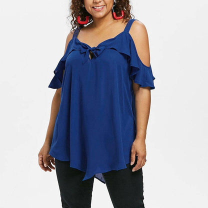Bowknot Chiffon Plus Sizes Short Sleeves Shirts-STYLEGOING