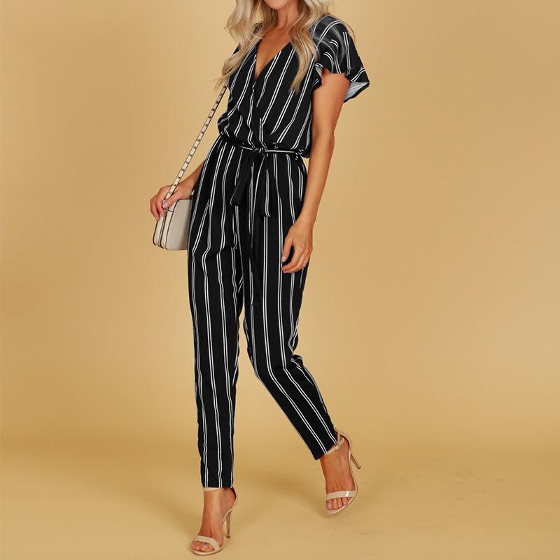 Women Striped Backless Short Sleeves Jumpsuits-STYLEGOING