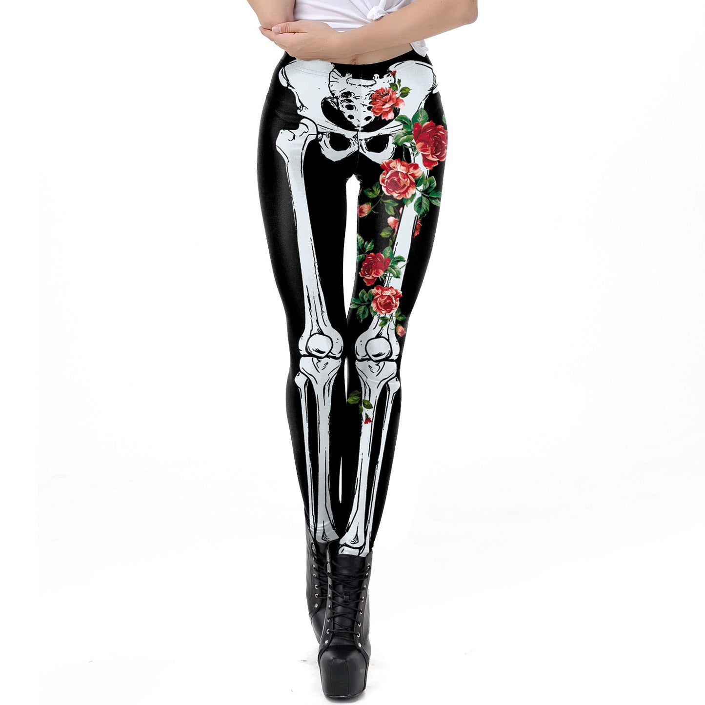 Halloween Pumpkin/Human Skeleton Print Elastic Leggings