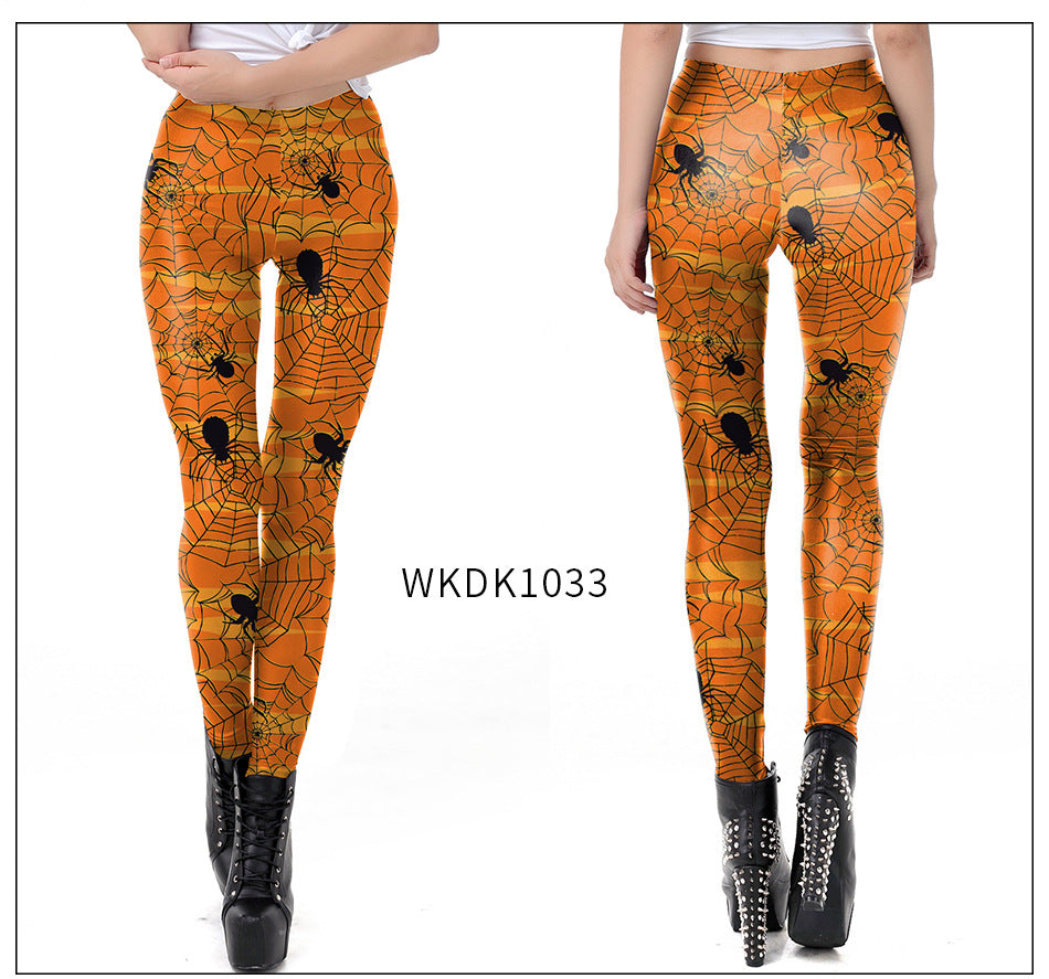 Halloween Pumpkin/Human Skeleton Print Elastic Leggings