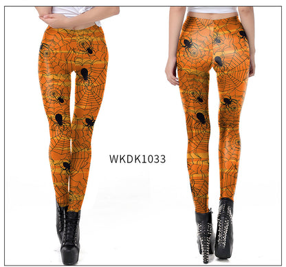 Halloween Pumpkin/Human Skeleton Print Elastic Leggings