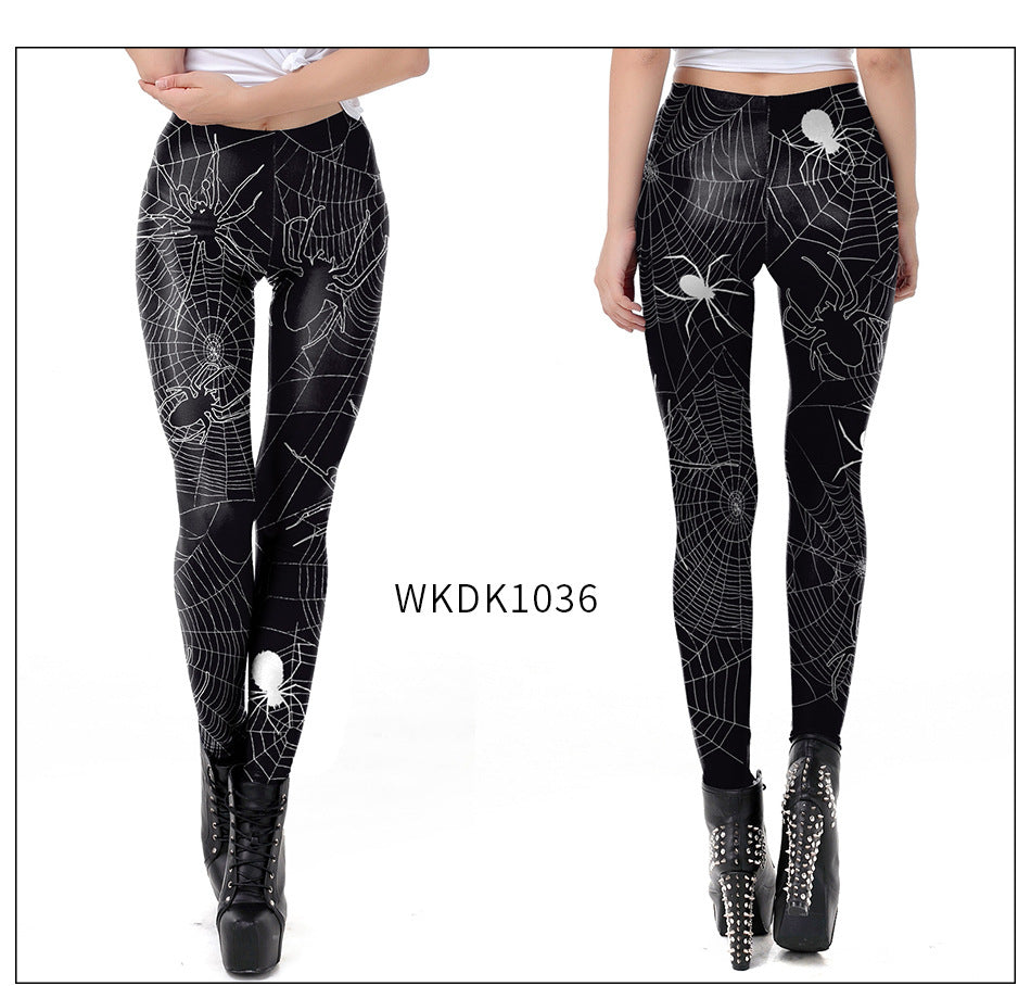 Halloween Pumpkin/Human Skeleton Print Elastic Leggings