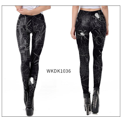 Halloween Pumpkin/Human Skeleton Print Elastic Leggings