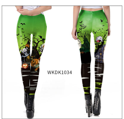 Halloween Pumpkin/Human Skeleton Print Elastic Leggings