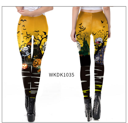 Halloween Pumpkin/Human Skeleton Print Elastic Leggings