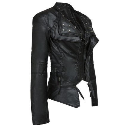 Fashion Women Zipper Rivet Short PU Jacket
