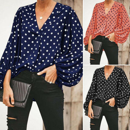 Women V Neck Dot Print Long Sleeves Shirts-STYLEGOING