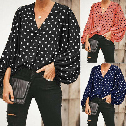 Women V Neck Dot Print Long Sleeves Shirts-STYLEGOING