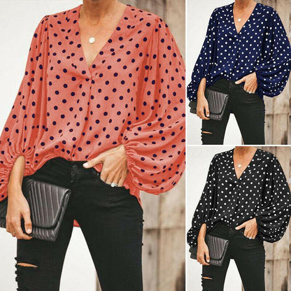 Women V Neck Dot Print Long Sleeves Shirts-STYLEGOING