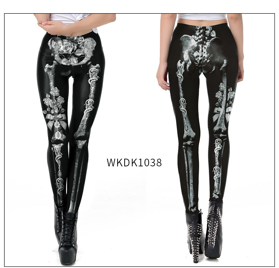 Halloween Pumpkin/Human Skeleton Print Elastic Leggings