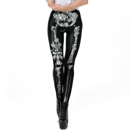 Halloween Pumpkin/Human Skeleton Print Elastic Leggings