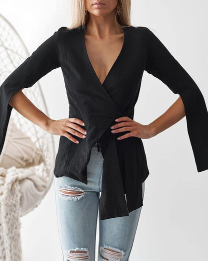 Women V Neck Long Sleeves Designed Shirts-STYLEGOING
