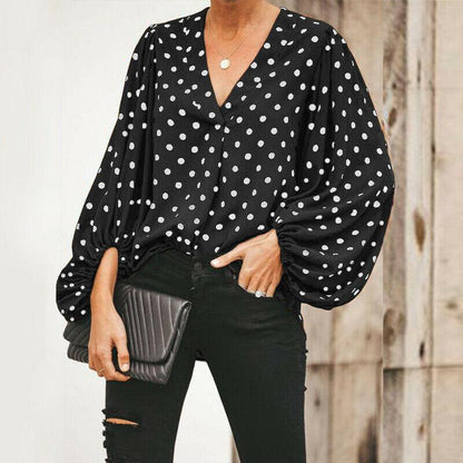 Women V Neck Dot Print Long Sleeves Shirts-STYLEGOING
