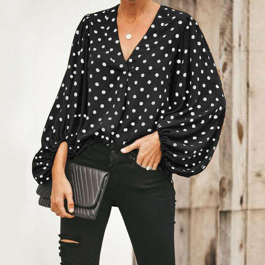 Women V Neck Dot Print Long Sleeves Shirts-STYLEGOING