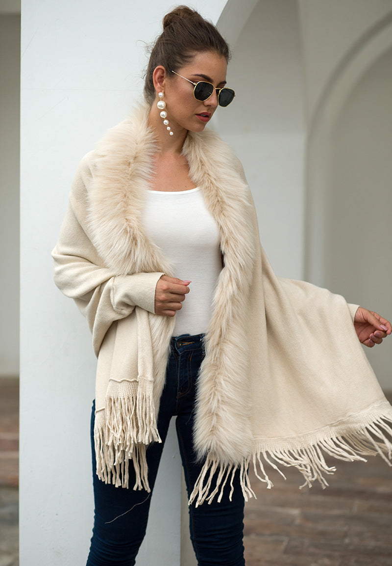 Women Winter Tassels Fur Collar Cardigan Overcoat