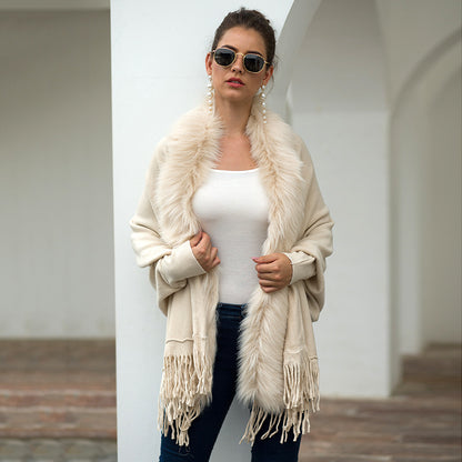Women Winter Tassels Fur Collar Cardigan Overcoat