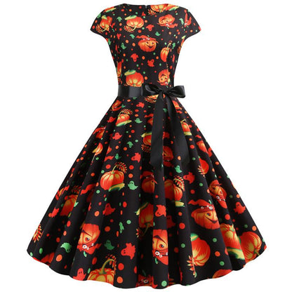 Halloween Pumplin Style Short Sleeves Dresses-STYLEGOING