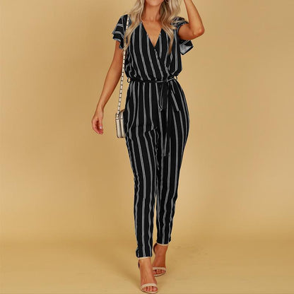 Women Striped Backless Short Sleeves Jumpsuits-STYLEGOING