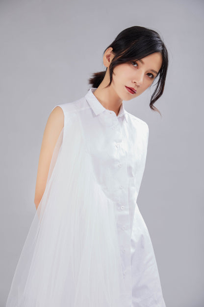 Designed Summer Irregular Tulle Sleeves Shirts Dresses