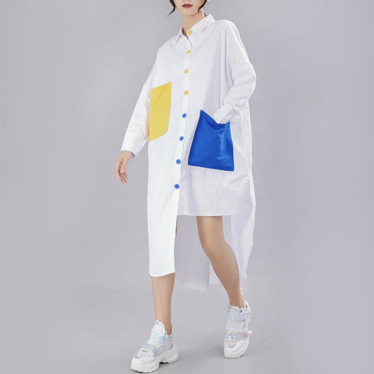 Leisure Long Sleeves Contrast Irregular Fall Shirt Dresses