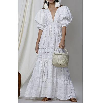 White Short Sleeves Puff Sleeves Long Dresses-STYLEGOING