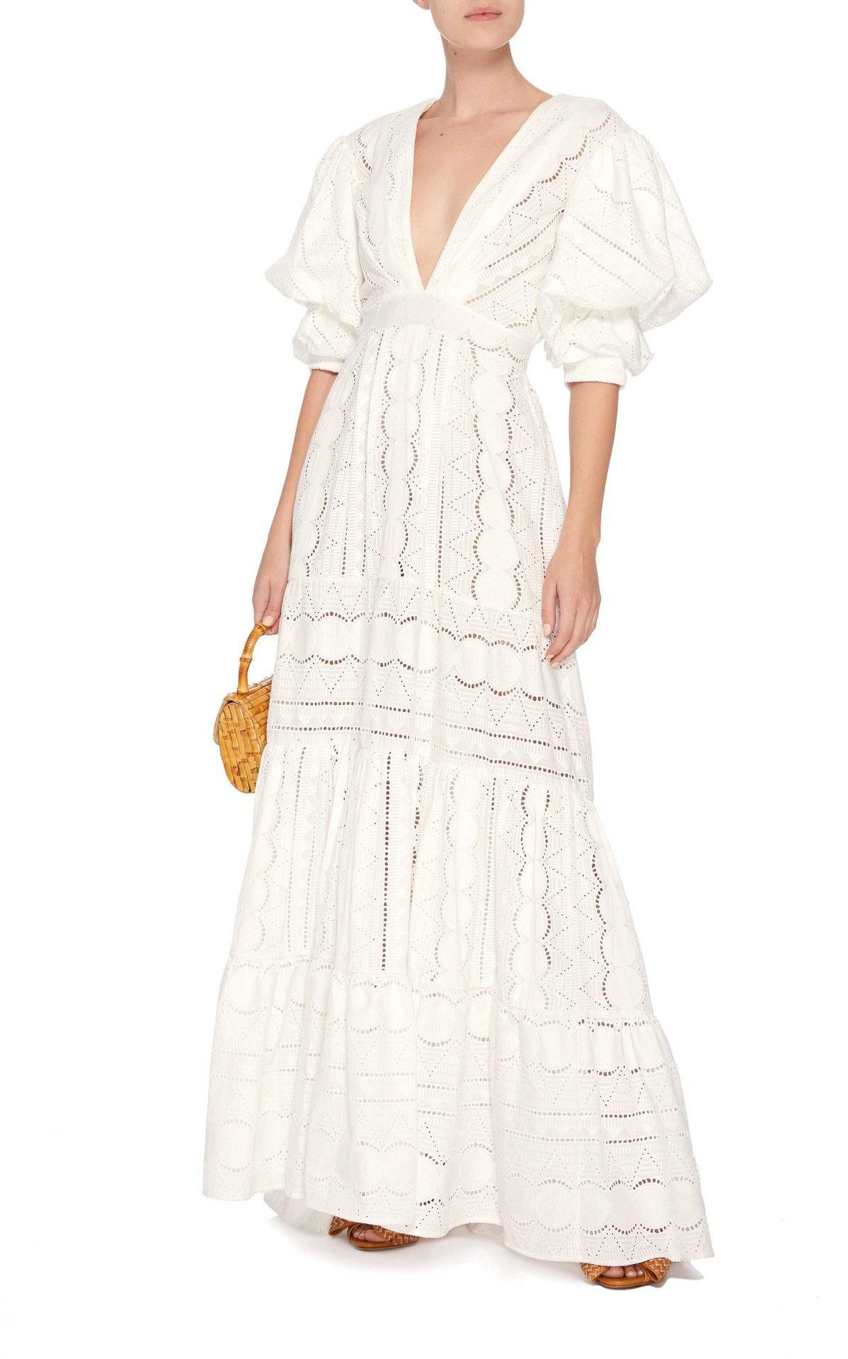 White Short Sleeves Puff Sleeves Long Dresses-STYLEGOING