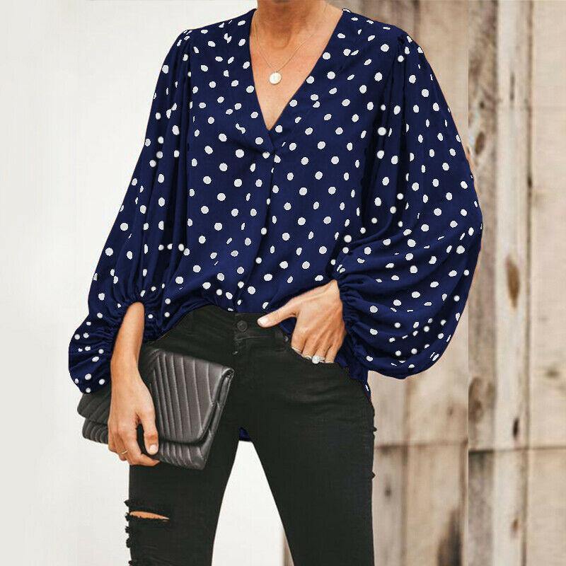 Women V Neck Dot Print Long Sleeves Shirts-STYLEGOING