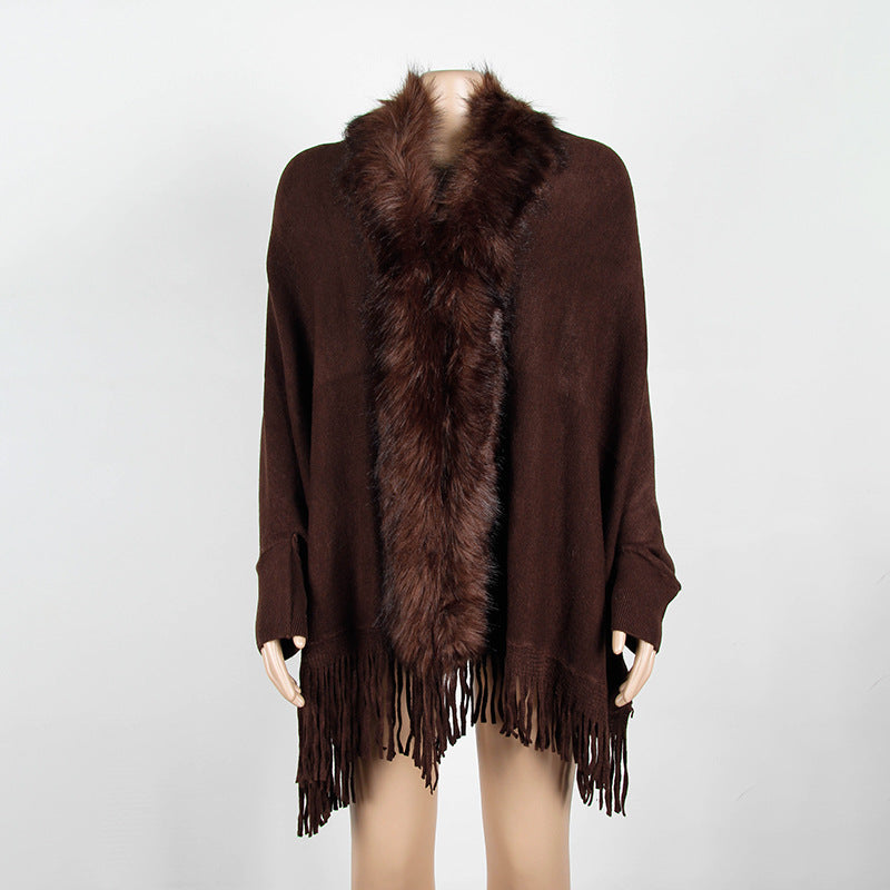 Women Winter Tassels Fur Collar Cardigan Overcoat