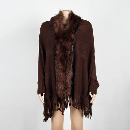 Women Winter Tassels Fur Collar Cardigan Overcoat
