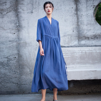 Casual Linen Half Sleeves Drawstring Long Cozy Dresses