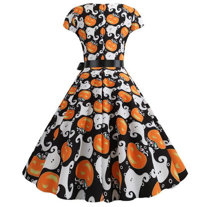 Halloween Pumplin Style Short Sleeves Dresses-STYLEGOING