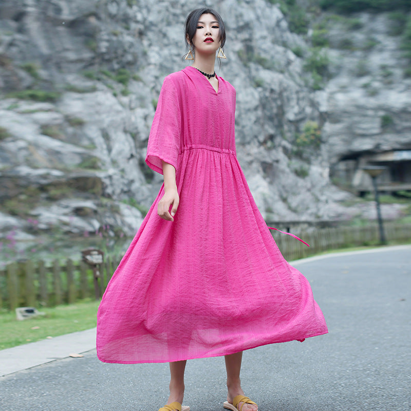 Casual Linen Half Sleeves Drawstring Long Cozy Dresses