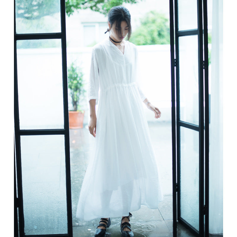 Casual Linen Half Sleeves Drawstring Long Cozy Dresses