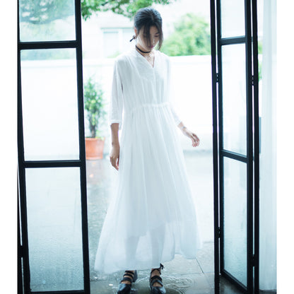 Casual Linen Half Sleeves Drawstring Long Cozy Dresses