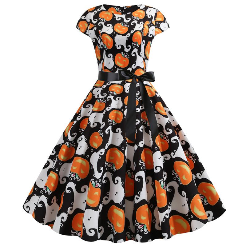 Halloween Pumplin Style Short Sleeves Dresses-STYLEGOING