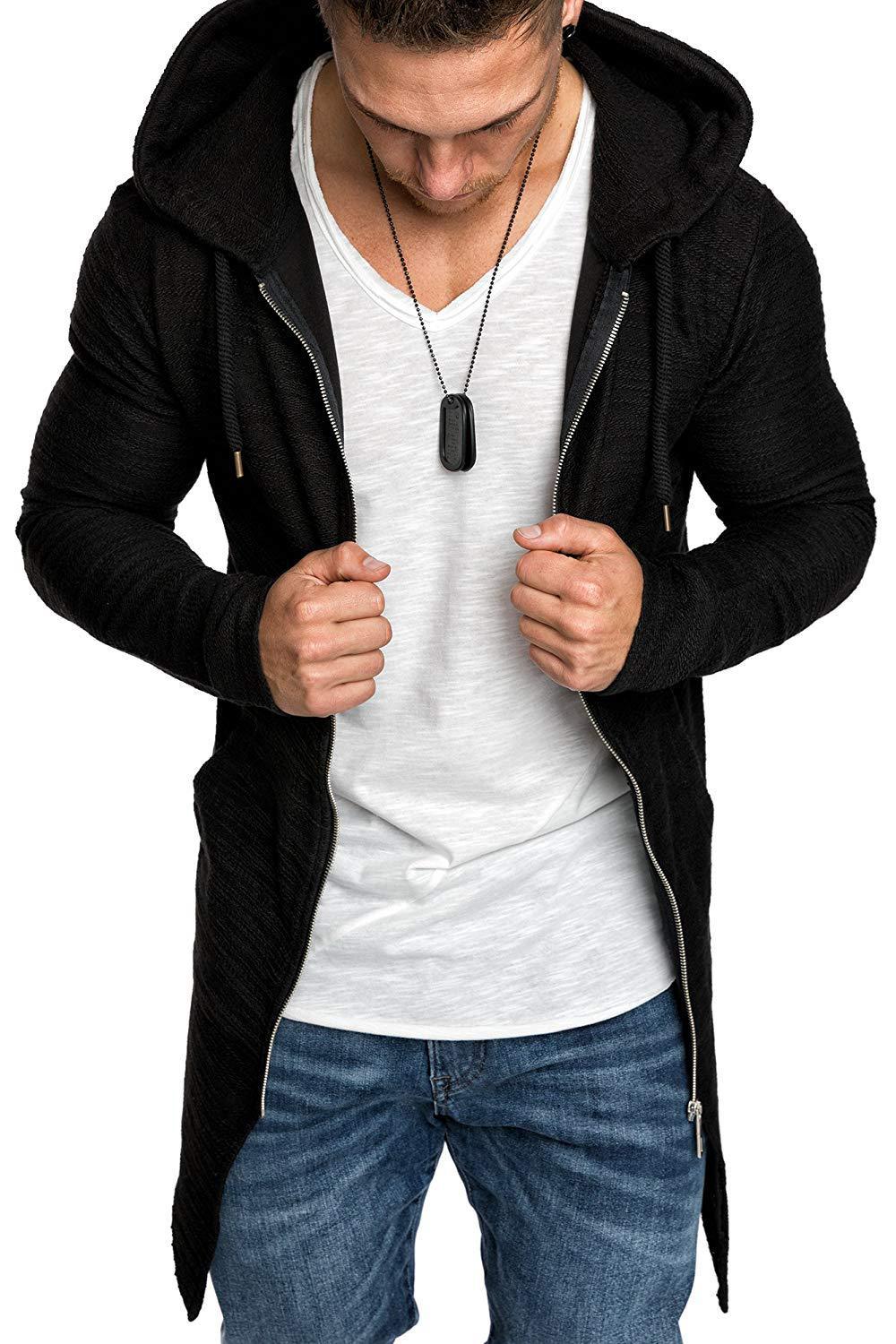 Men Long Sleeves Zipper Long Hoody Overcoat-STYLEGOING
