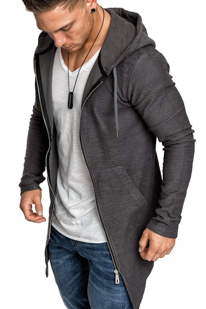 Men Long Sleeves Zipper Long Hoody Overcoat-STYLEGOING