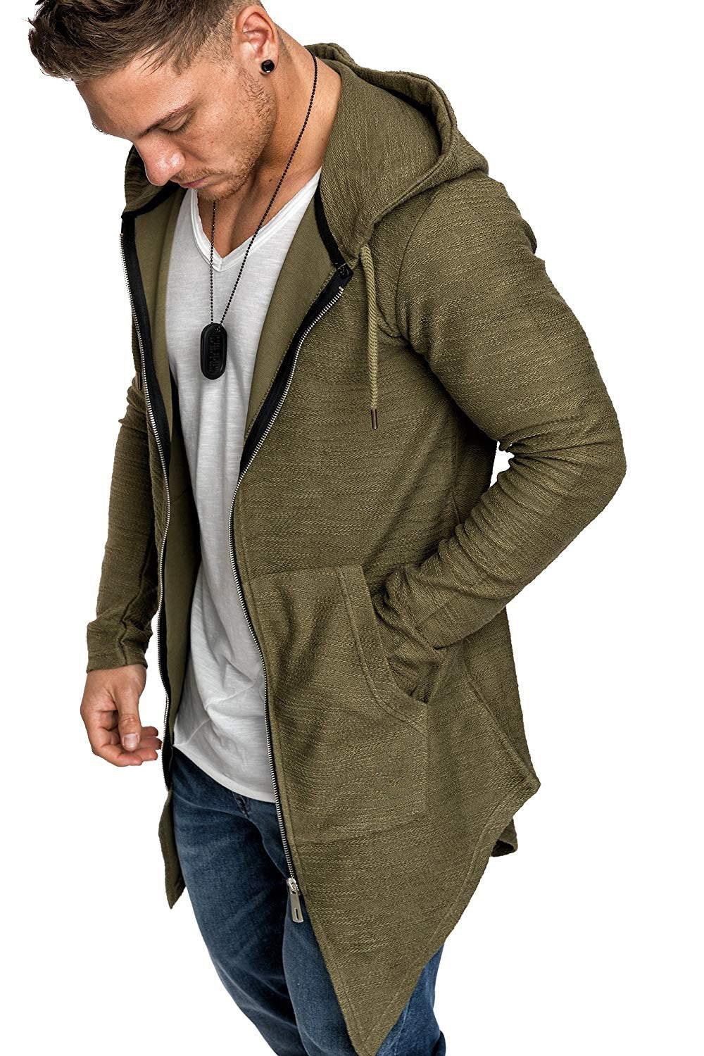 Men Long Sleeves Zipper Long Hoody Overcoat-STYLEGOING