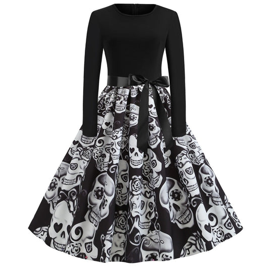 Happy Halloween Long Sleeves Round Neck Vintage Dresses-STYLEGOING