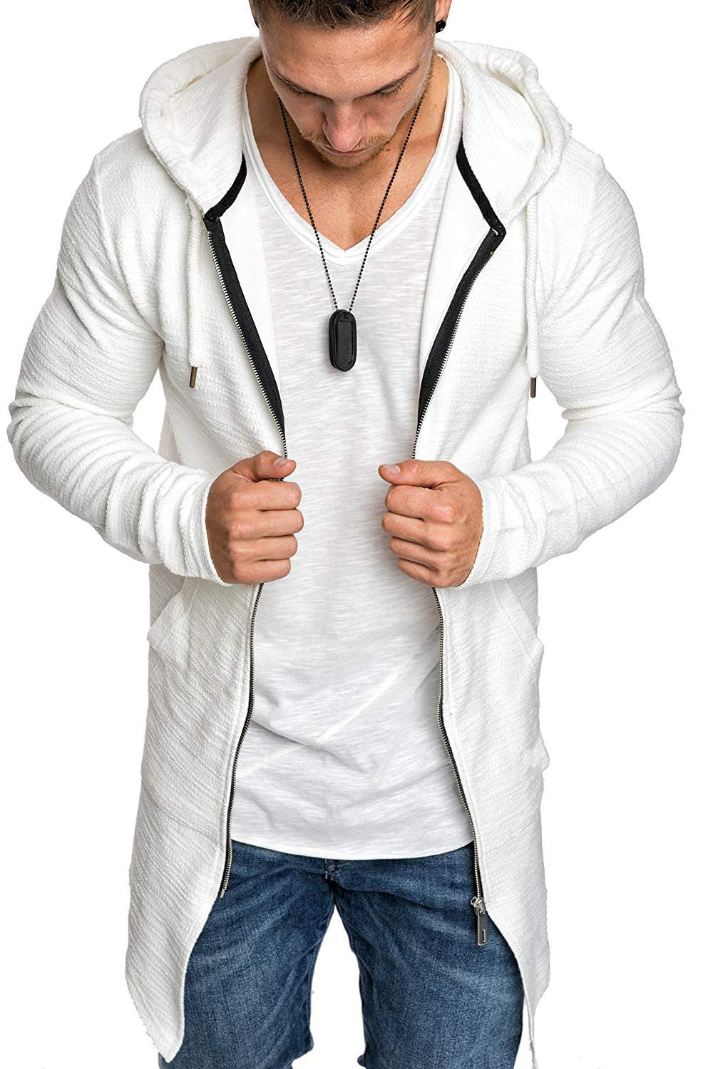 Men Long Sleeves Zipper Long Hoody Overcoat-STYLEGOING