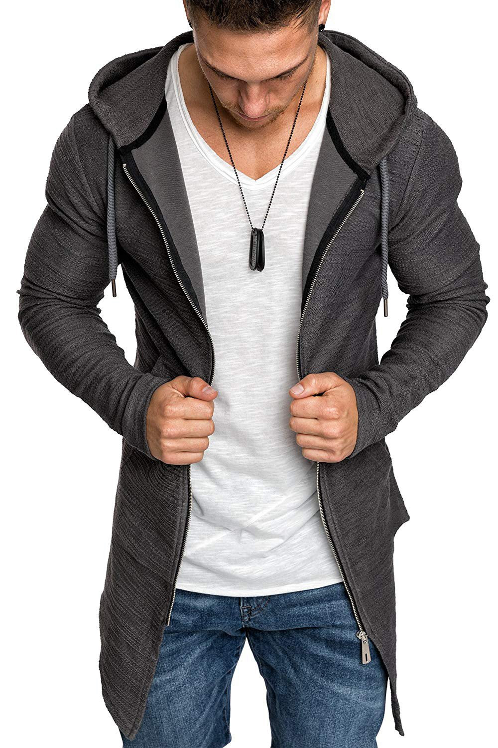 Men Long Sleeves Zipper Long Hoody Overcoat-STYLEGOING