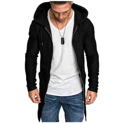 Men Long Sleeves Zipper Long Hoody Overcoat-STYLEGOING