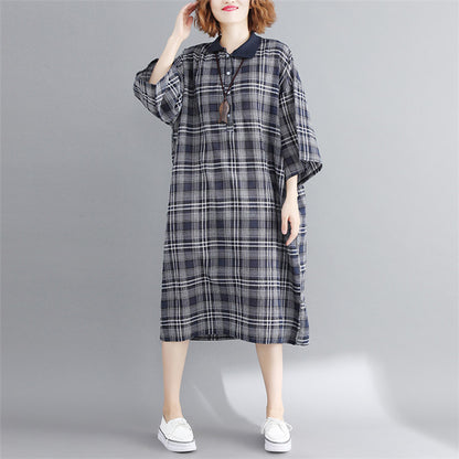 Vintage Linen Plaid Cozy Short Shirt Dresses